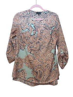 The Limited Mint Green And Orange Lightweight Paisley Blouse 3/4 Sleeve Sz S